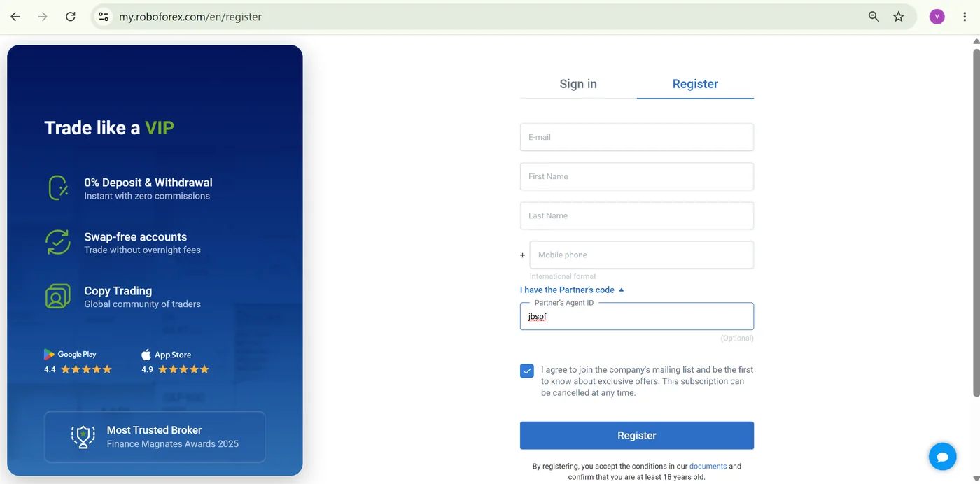 Local para informar o código de parceiro jbspf na RoboForex